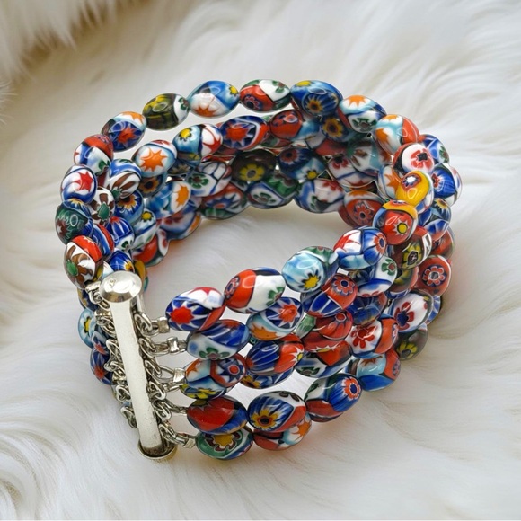 Jewelry - Vintage Murano Millefiori Glass Multi-Strand Bracelet 925 Sterling Silver Clasp